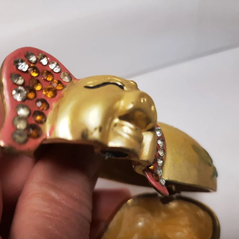 Gold and Pink Happy Smiling Hindu Pig Metal Enamel Hinged Box 3.25